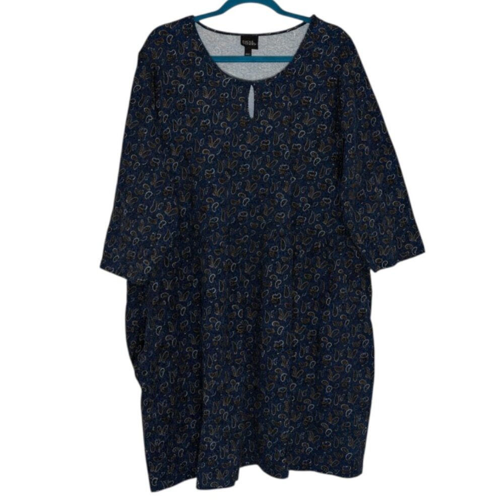 Ulla Popken Knit Dress Keyhole Cotton Paisley Womens Teal Black 24 26